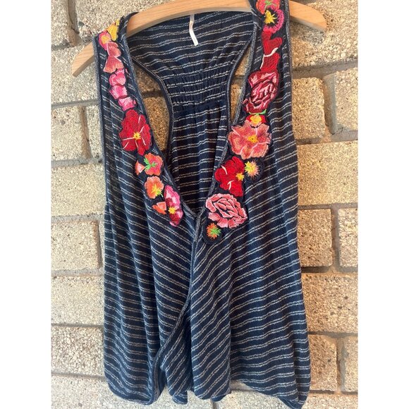 Free People Frida Embroidered Floral Striped Wrap Tank Top Navy L - Picture 4 of 9